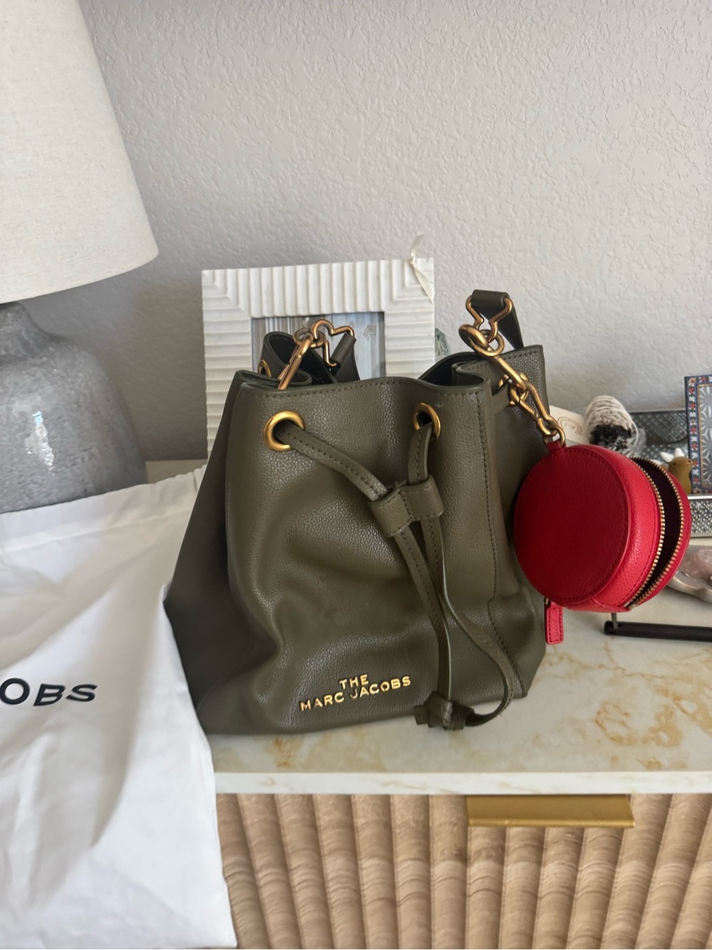 Marc Jacobs Olive Leather Drawstring Shoulder Bag with Red Coin Pouch